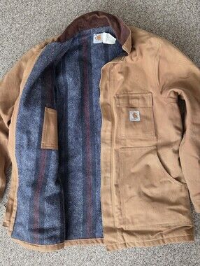 Vtg Carhartt Mens Barn Coat Sz 42 Brown Duck Canvas Blanket-Lined USA Union Made